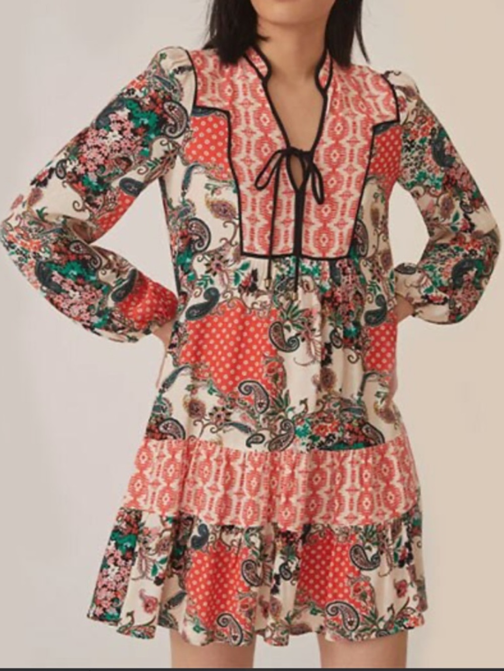 Anthropologie Red, Cream and Green Patchwork Paisley Long Sleeve Dress